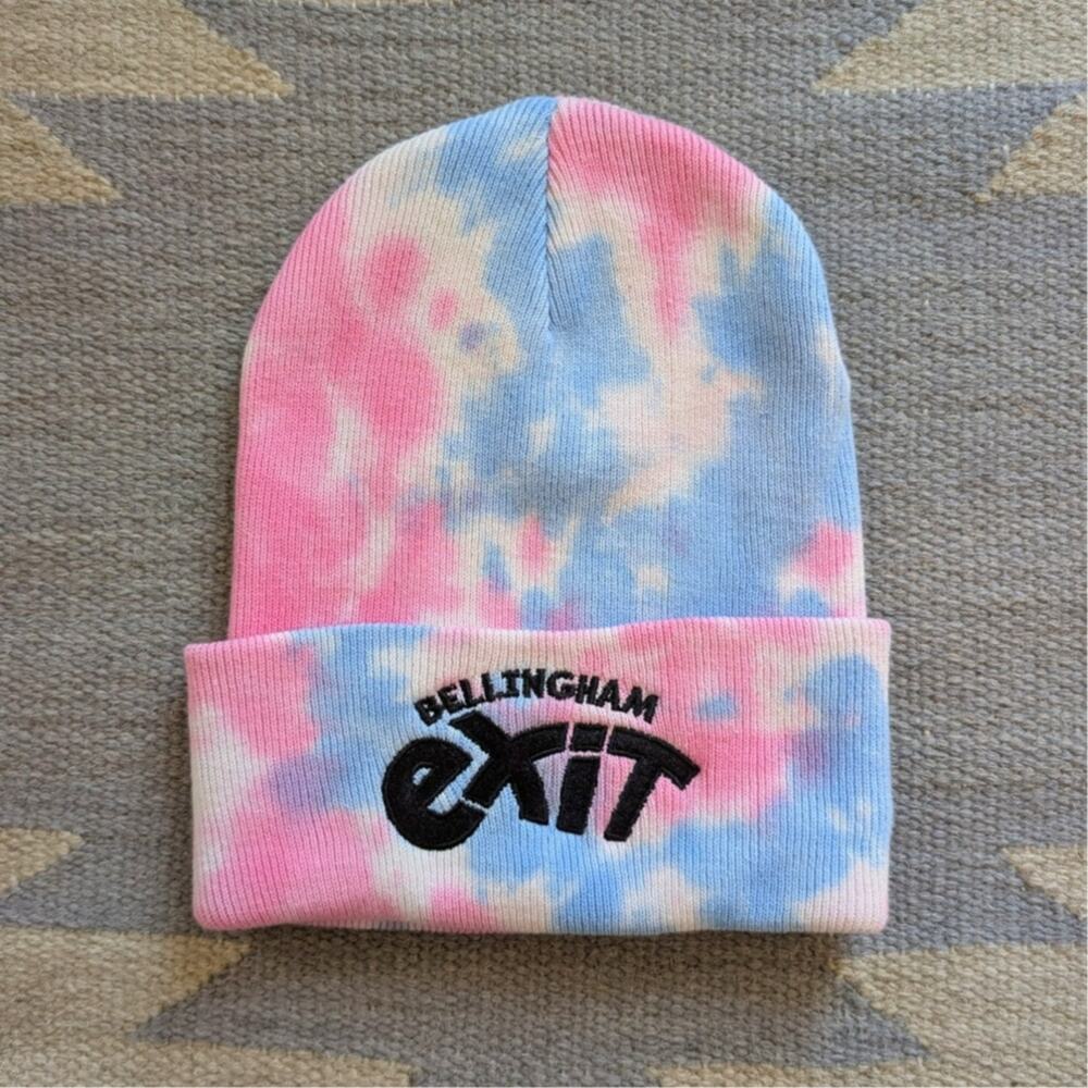 Tie Dye Beanie Blue Pink Cotton Knit Festival Hat Embroidered Exit Bellingham